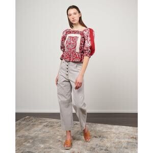 SEA Theodora Red Paisley Bandanna Print Tie Back Puff Sleeve Top Size Large